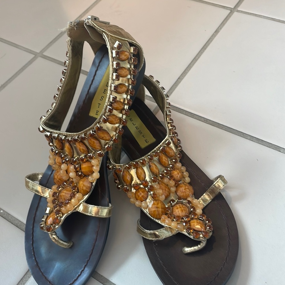 Orange /amber /gold beaded flat sandal